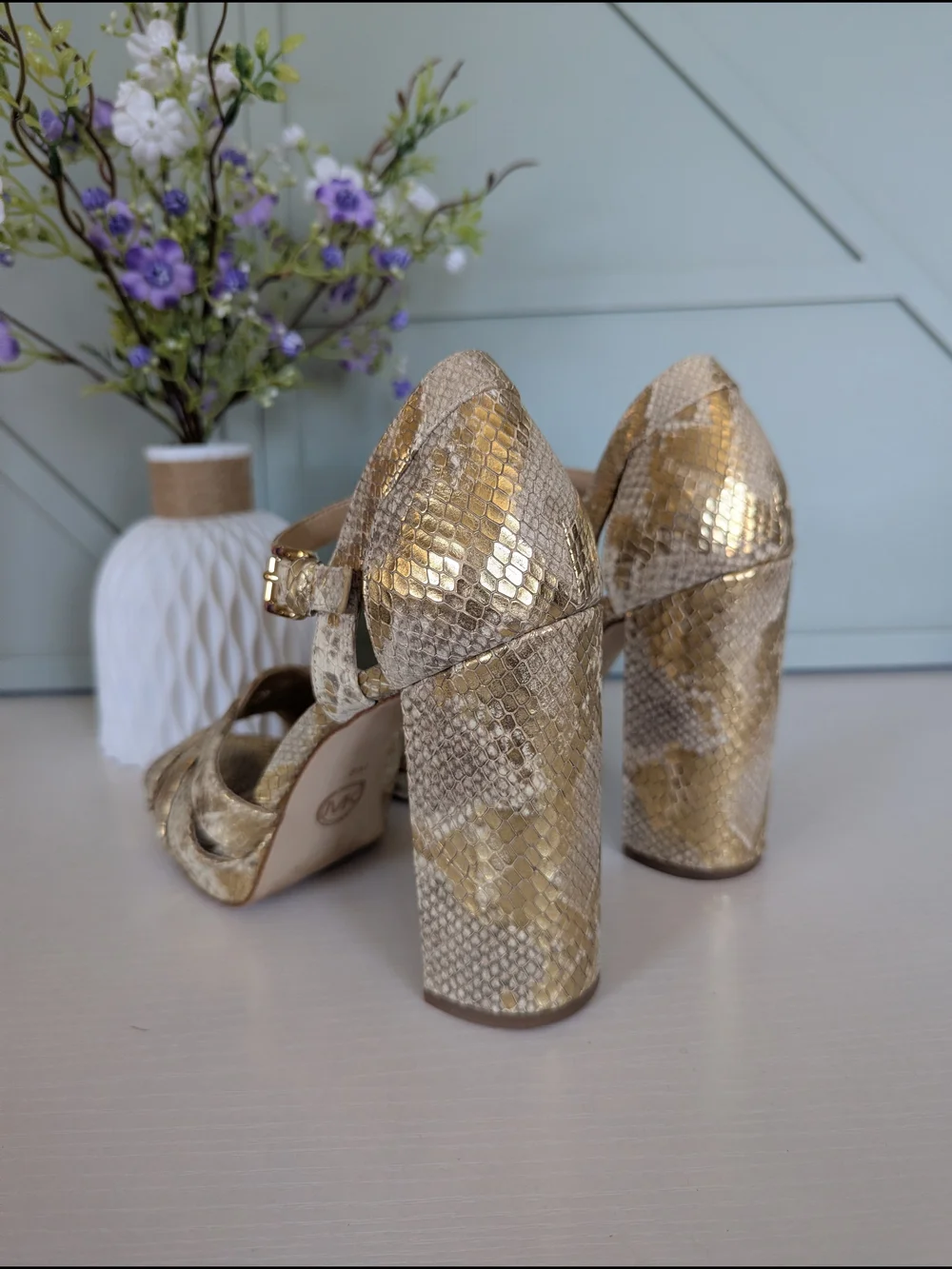 Michael Kors Gold Snakeskin Block Heel Sandals with Ankle Strap